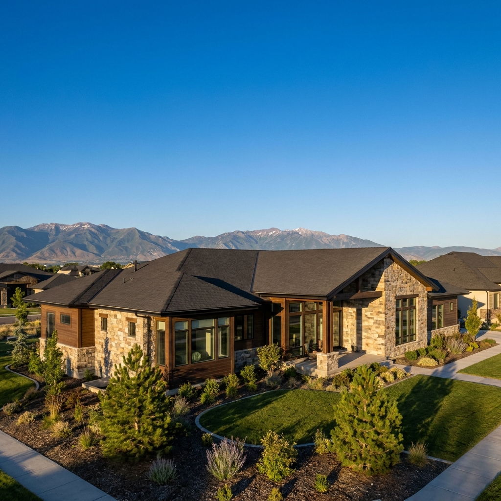 Modern Northern Utah home with a preserved asphalt-shingle roof at golden hour, Wasatch mountains behind