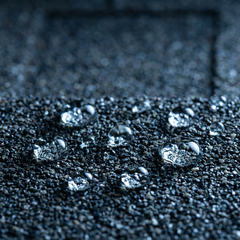 Macro photograph of water beading and rolling off a treated asphalt-shingle roof